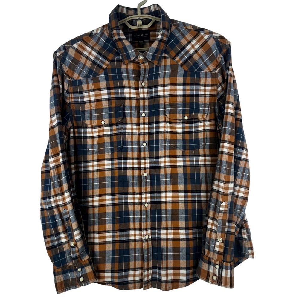 Lucky Brand Plaid Western Pearl Snap Shirt Mens XL Brown Navy Flannel 7MP4SFSG